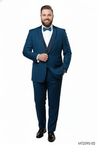 Men’s Teal Blue Tuxedo – 3-Piece Formal Suit with Satin Shawl Lapel, Vest, and Pants in Saphire Cobalt Blue Color