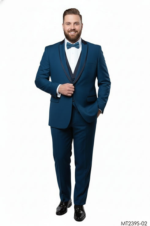 Men’s Teal Blue Tuxedo – 3-Piece Formal Suit with Satin Shawl Lapel, Vest, and Pants in Saphire Cobalt Blue Color