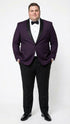 Men’s Eggplant Plum Purple Tuxedo Blazer with Satin Lapel, White Tuxedo Shirt and Matching Purple Bow Tie - Slim Fitted - Prom wedding Suit With Pants