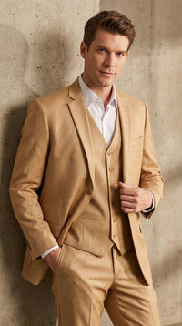 Men’s Camel Khaki Bronze Sharkskin 3-Piece Suit – Modern Wedding, Business and Formal Suit with Matching Vest
