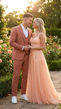 Men’s Light Rust - Peach Color - Salmon Color 3 Piece Suit Set with Vest, Classic Formal Wedding Prom Business Dress Suit