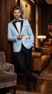 Men’s Baby Blue Tuxedo Blazer with Black Lapel – Formal Dinner Jacket for Wedding, Prom and Evening Events in Sky Light Blue Color