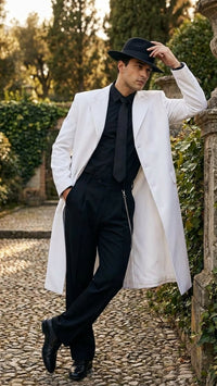 Men’s White Long Zoot Style Suit | Vintage Gangster Mafia Formal Coat with Black Pants