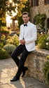 Men's White Dinner Jacket Tuxedo Blazer with Black Satin Shawl Lapel With Black Tuxedo Pants