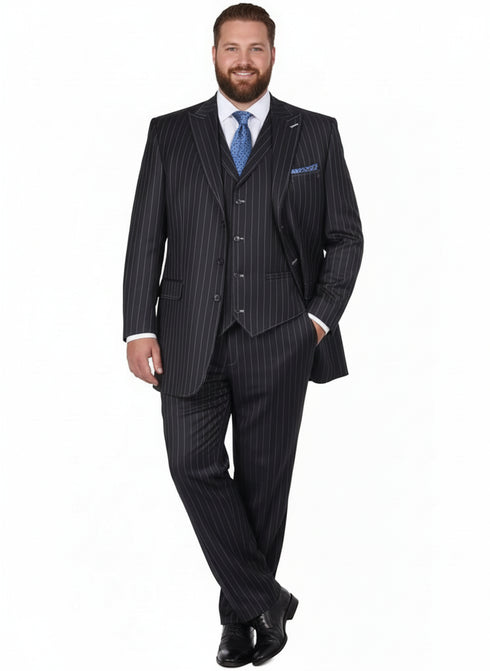 Men’s Three Button Suits - Navy Blue Pinstripe Three-Piece Suit – Classic Business and Formal Wear - Zoot Suit