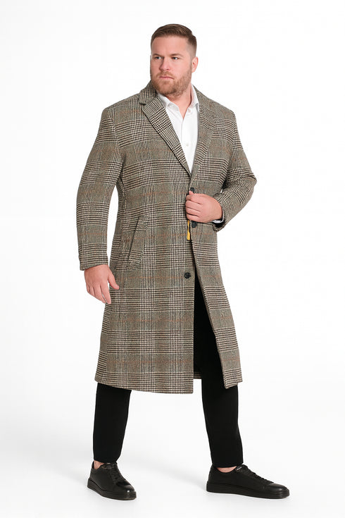 Men’s Full length Long Plaid Overcoat – Classic Checkered Wool Blend Winter Coat in Gray Color Checkered