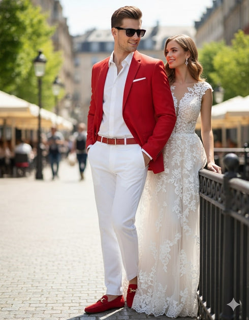 Mens Red Blazer and White Pants Set – Stylish Casual Dress Outfit For New Year Holiday and Christmas Suit