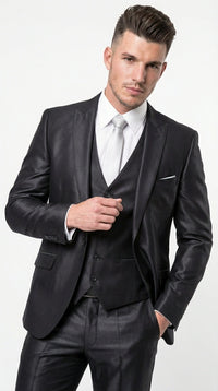 Men’s Black Three Piece Suit – Modern Fit 3PC Formal Suit with Vest for Wedding, Prom and Business Events Sharkskin Shiny Fabric