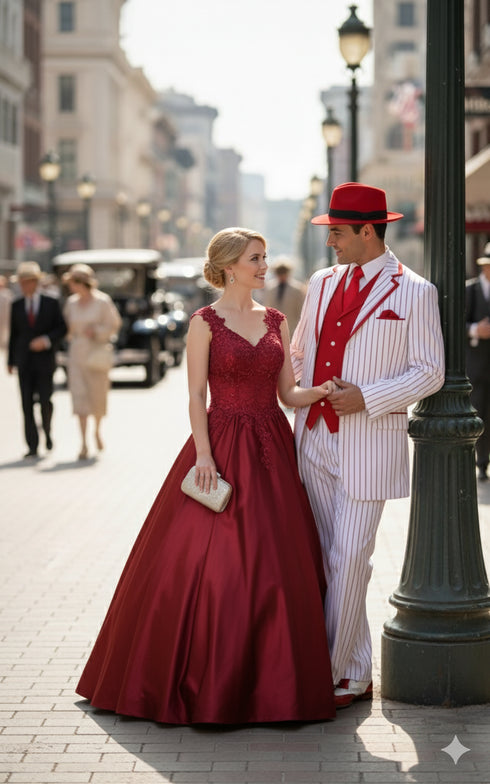 Men’s 1920s White and Red Pinstripe Zoot Suit with Fedora Hat and Wingtip Shoes – Vintage Gangster 3-Piece New Year Holiday Christmas Suit