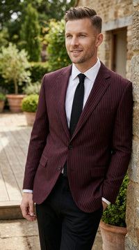Men’s Burgundy Pinstripe Blazer – Classic Tailored Formal Jacket for Business, Office and Evening Wear