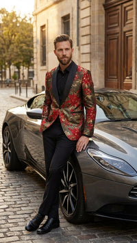 Men’s Red and Gold Floral Pattern Paisley Shawl Lapel | Luxury Evening and Party Wear Jacket Prom Christmas New Year Blazer