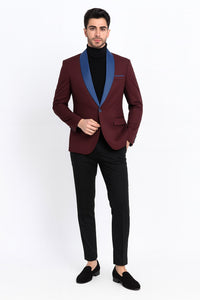 Mens Burgundy Tuxedo Dinner Jacket Blazer with Blue Satin Shawl Lapel Wedding and Party Jacket