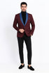 Mens Burgundy Tuxedo Dinner Jacket Blazer with Blue Satin Shawl Lapel Wedding and Party Jacket