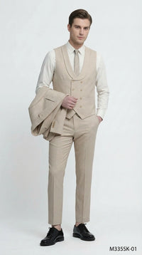 Mens Sand Beige 3 Piece Suit – Double breasted Vest Formal Suit Set and Dress Pants in Champaign Natural Summer Color