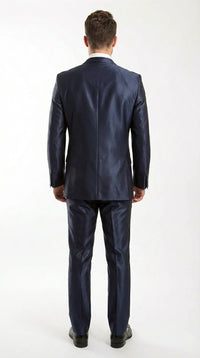 Men’s Navy Blue Sharkskin 3 Piece Suit – Two Button Vested Shiny Formal Suit for Wedding, Prom, Business and Party Wear