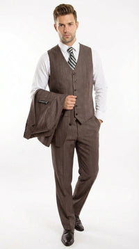 Men’s Brown Sharkskin 3 Piece Suit – Textured Two Button Vested Business Formal Suit for Wedding, Party Wear Vested