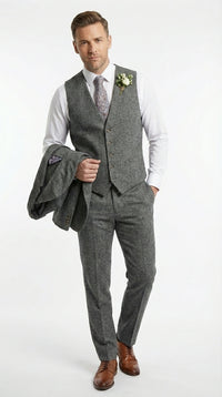 Men’s Peaky Blinder Light Grey Tweed Suit with Vest – Classic Three Piece Formal Suit, Vintage Wedding Business Outfit
