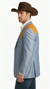 Men’s Sky Blue and Gold Western Cowboy Blazer – Classic Country Style Jacket, Vintage in Steel blue Color