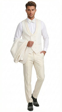 Men’s Ivory Paisley Tuxedo Suit 3 Piece – One Button Vested Satin Formal Suit for Wedding in Off white Cream Color