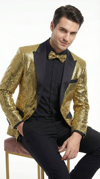 Mens Gold Sequin Blazer with Black Satin Lapel – Gold Formal Party Blazer Jacket for Prom, Wedding and Stage Events