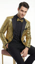 Mens Gold Sequin Blazer with Black Satin Lapel – Gold Formal Party Blazer Jacket for Prom, Wedding and Stage Events