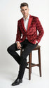 Mens Red Burgundy Plaid Blazer with Contrast Lapel – Velvet Fabric Check Prom Blazer Jacket for Party, Christmas New Year Holiday Jacket