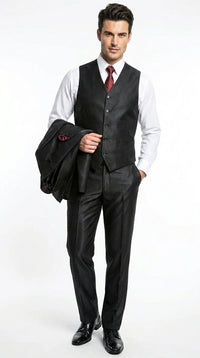 Men’s Black Shiny 3 Piece Tuxedo Groom Suit, Formal Vest Suit for Weddings, Prom, Black Tie Events, Black Lapel