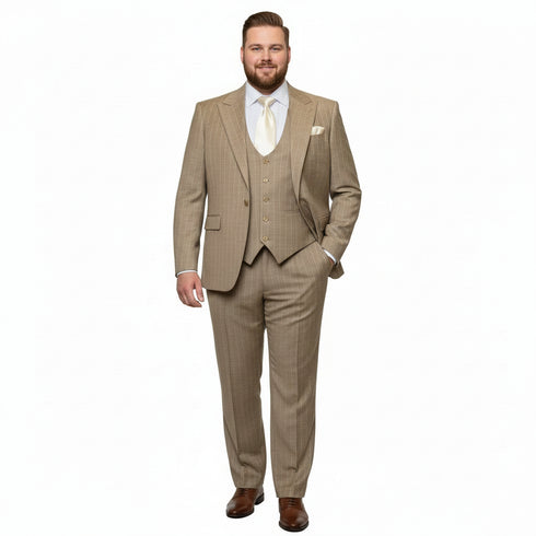 Men’s Beige Pinstripe Three-Piece Suit – Classic Fit Formal Suit with Vest and Flat-Front Pants in Tan Stripe By Rossiman