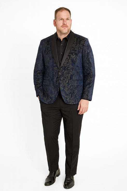 Men’s Navy Blue Sequin Tuxedo Jacket with Black Satin Shawl Lapel – Luxury Prom and Wedding Blazer