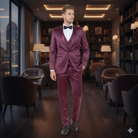 Mens Sateen Shiny Burgundy Slim Fit Tuxedo – Satin Shawl Lapel 3-Piece Suit