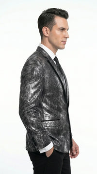 Men’s Black and Charcoal Gray Snakeskin Print Blazer, Animial Exotic Skin Alligator Crocodile Texture