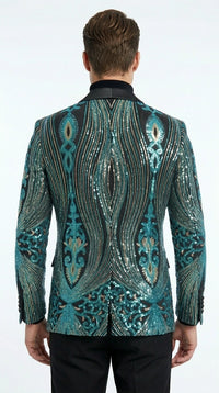 Men’s Black and Turquoise Blue With teal green Sequin Dinner Jacket, Formal Prom Wedding Paisley Floral Mardi Gra Pattern