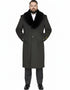 Mens Full Length Olive Overcoat with Black Fur Collar – Luxury Wool Fabric Winter Long Coat in Hunter Green