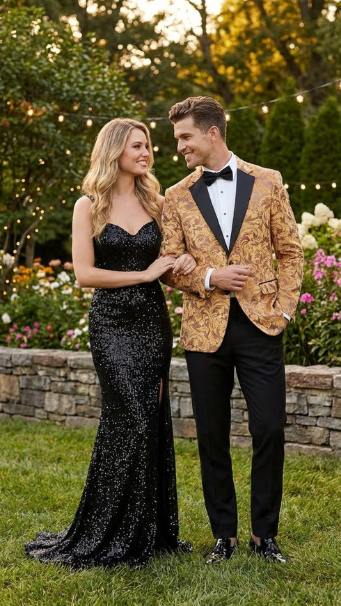 Men’s Yellow Gold Baroque Pattern Tuxedo Blazer Suit – Party and Wedding Jacket Prom Paisley Black Pants