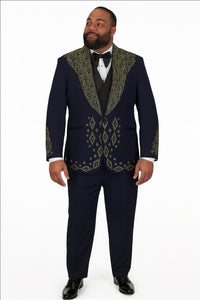 Men’s Navy Tuxedo with Gold Embroidery – Slim Fit Formal Dinner Jacket with Shawl Lapel