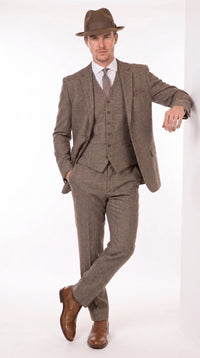 Men’s Brown Herringbone 3 Piece Suit – Vintage 1950s Inspired Tweed Vested Classic Suit