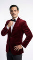 Men’s Gomez Addams Inspired Costume, Burgundy Velvet Blazer with Black Pants Formal Party Outfit Combo