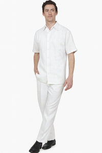 Men’s Linen White Embroidered Guayabera Two-Piece Set – Short Sleeve Shirt and Pants - Summer Walking Suit