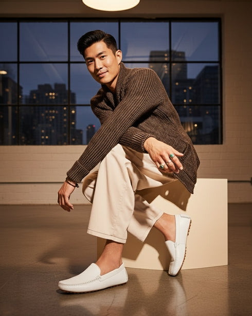 Men’s Mundo White Leather Loafers – Classic Slip-On Dress Shoes for Casual and Formal Wear