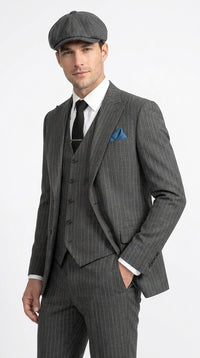 Men’s Thomas Shelby Peaky Blinders Gray Wool Suit Out fit Charcoal Grey Pinstripe 3-Piece Vintage 1920s Suit