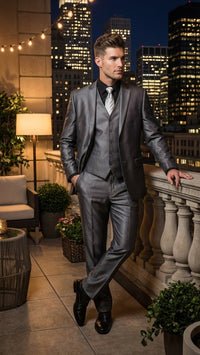 Mens Charcoal Gray Suit With Sheen - | Shiny Texture Fabric Three Piece Wedding and Party Business