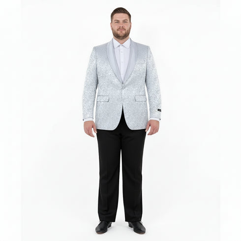 Big and Tall Men’s Silver Gray Paisley Tuxedo Jacket – Satin Shawl Lapel Blazer for Weddings, Proms, and Formal Event