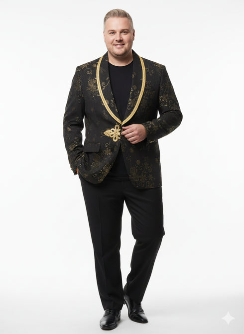 Men’s Black and Gold Embroidered Luxury Blazer – Designer Floral Pattern Wedding & Party Jacket (Sim534)
