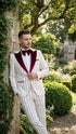 Men’s White and Dark Red Pinstripe Tuxedo with Velvet Shawl Lapel – Formal Dinner Blazer Prom Christmas New Year Holiday Suit