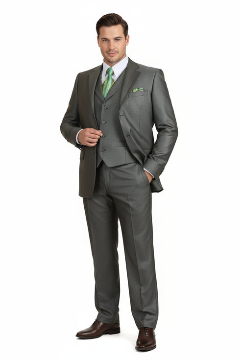Men’s Olive Green 3-Piece Suit – Classic Fit with Vest and Tie Pleated Pants Three Buttons