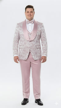 Men’s Light Pink Dusty Rose - Floral Tuxedo Suit – Luxury Satin Shawl Lapel 3-Piece Formal Wedding and Prom Suit in Blush Mauve color