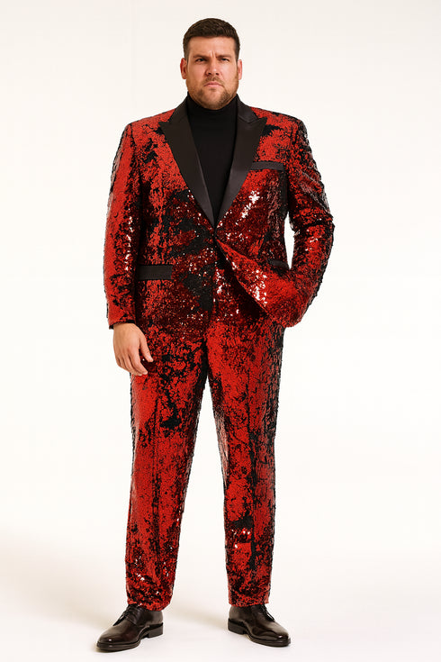 Men’s Red Sequin Tuxedo Suit with Black Lapel – Luxury Slim Fit Blazer and Pants Set Matching