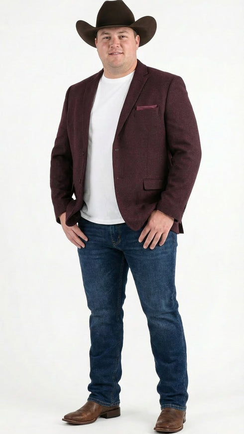 Men’s Burgundy Western Blazer Jacket, Textured Cowboy Style Sport Coat for - Tweed Herringbone Maroon Color