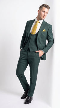 Mens Vitali 3 Piece Suit W/Scoop Vest Hunter Green 3-Piece Suit –, Big Peak Lapel Vest and Pants Modern Fit Two Buttons