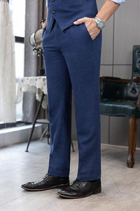 Mens Vintage Tweed Dress Pants Slacks Trousers Regular Fit Suit Pants in Blue